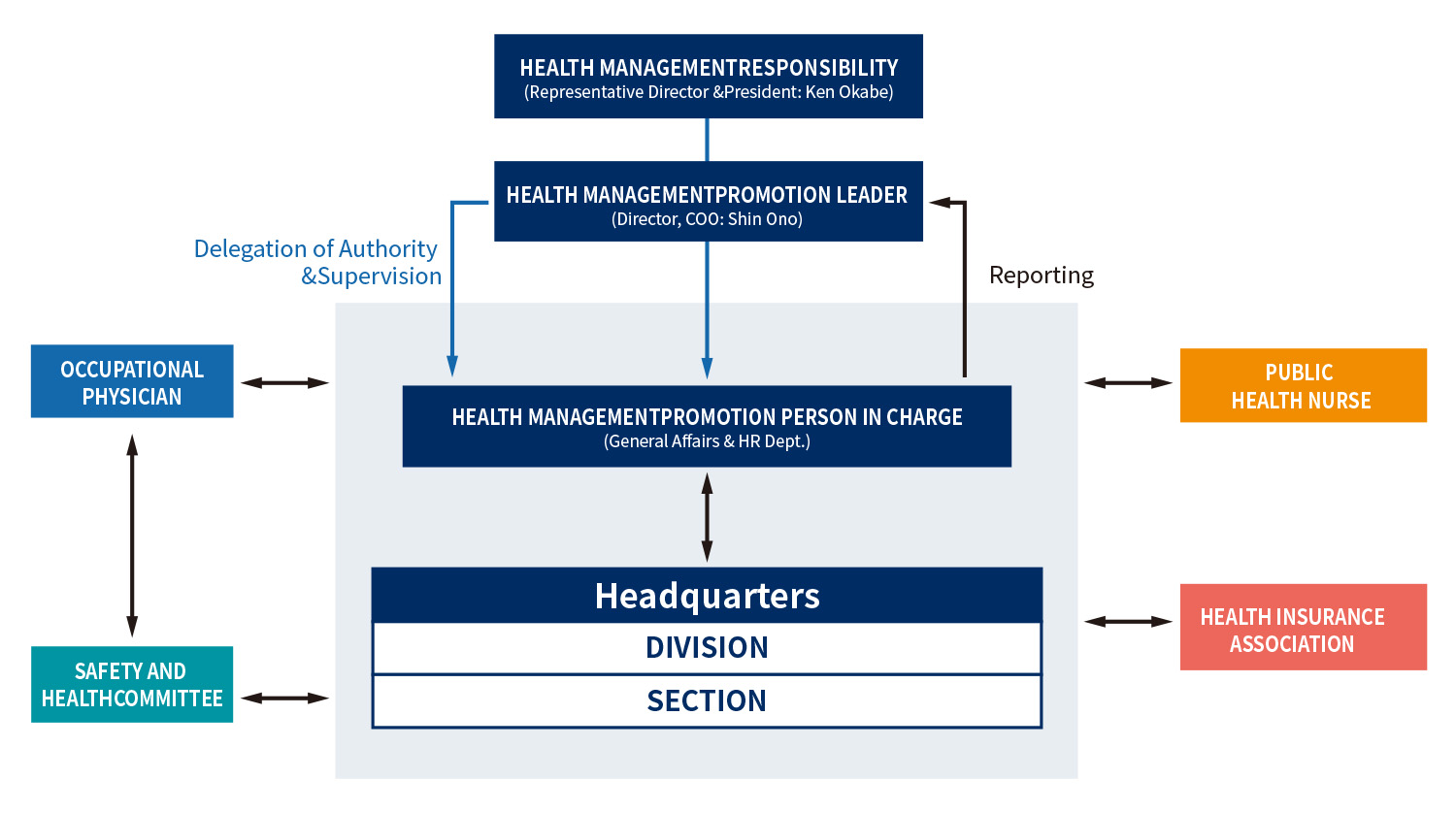 Health Management Promotion System Chart. Shows the hierarchy from the Health Management Officer down to promotion leaders, staff, departments, and collaboration with external professional organizations.